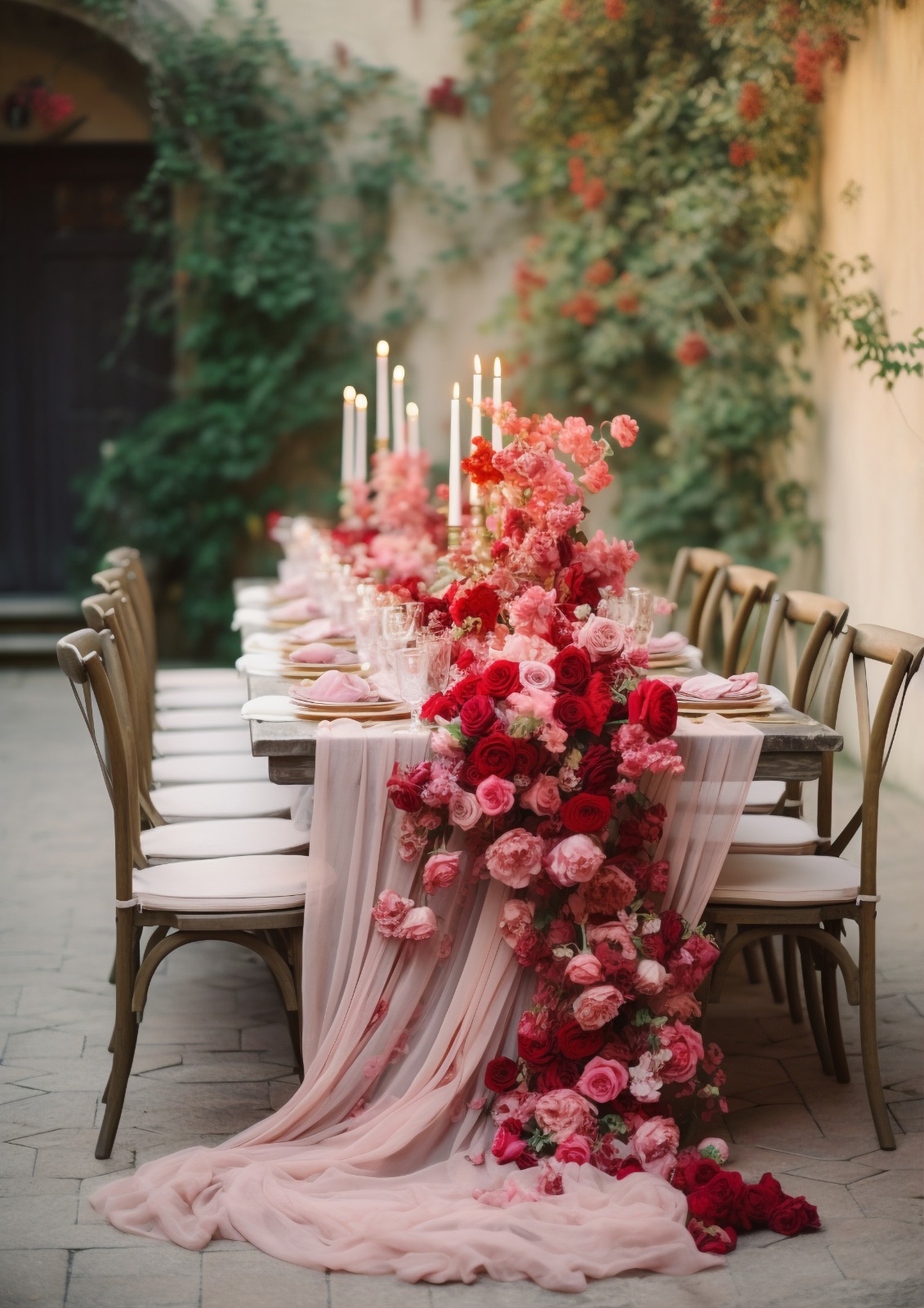 Table de réception ornée de fleurs roses et rouges